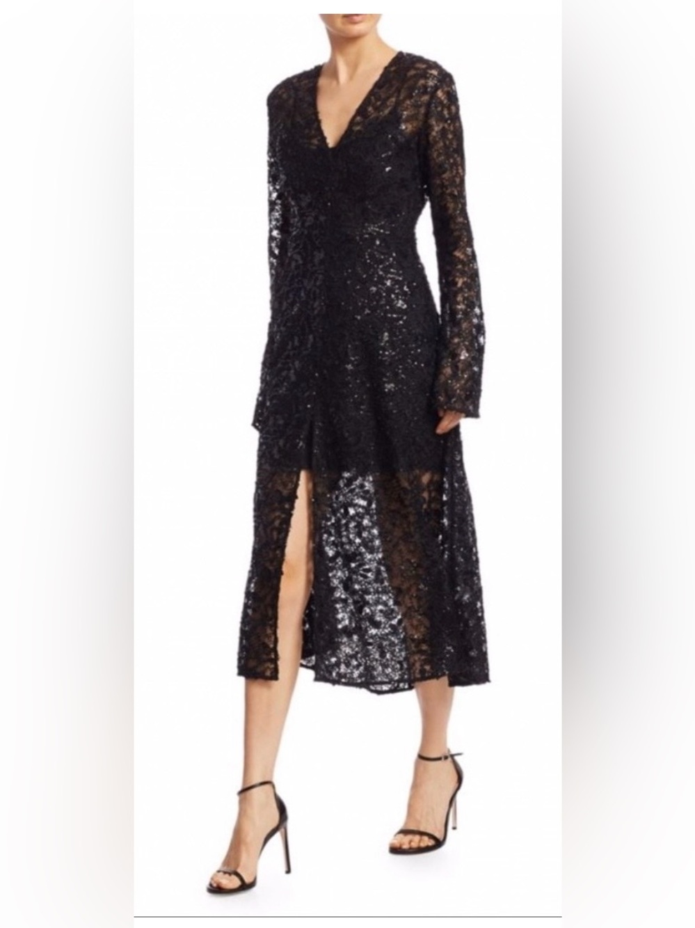 ROTATE Birger Christensen Black Sequin Lace A-Line Midi Bell Sleeve Dress, Sz 6